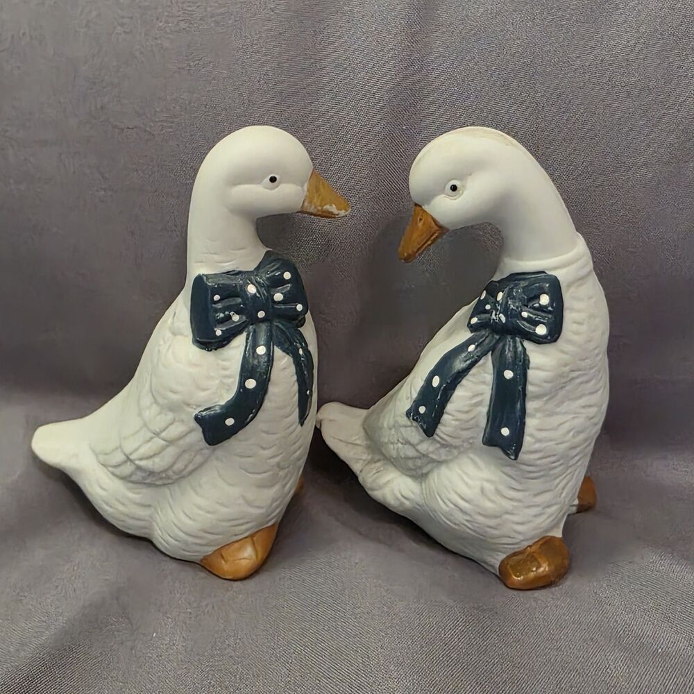 Vintage 1980s Country Goose Ceramic Figurines Pair - White Geese Blue Polka Dot